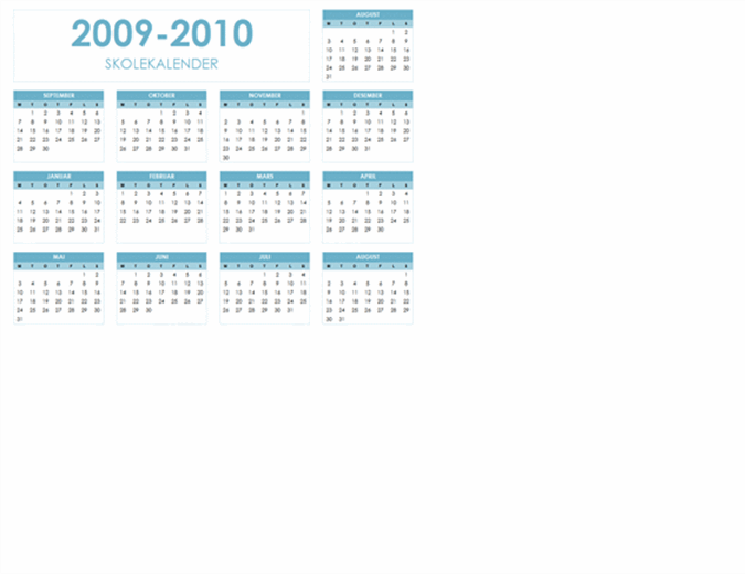 Akademisk kalender for 2009–2010 (1 side, liggende, mandag til søndag)