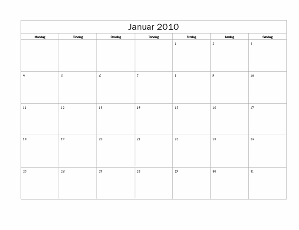 2010-kalender (enkel utforming, mandag til søndag)