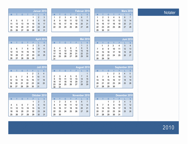 2010-kalender med plass til notater (1 side, mandag til søndag)