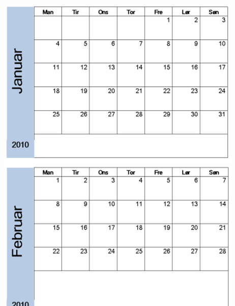 2010-kalender med blå kantlinje (6 sider, mandag til søndag)