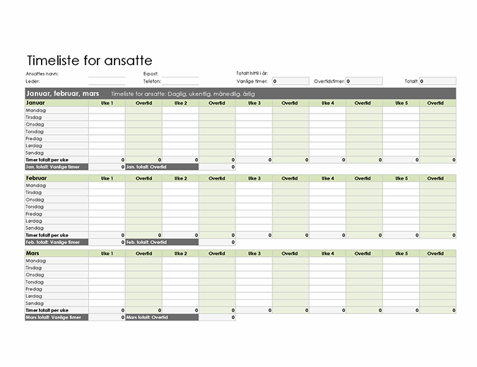 Timeliste for ansatte (daglig, ukentlig, månedlig og årlig)