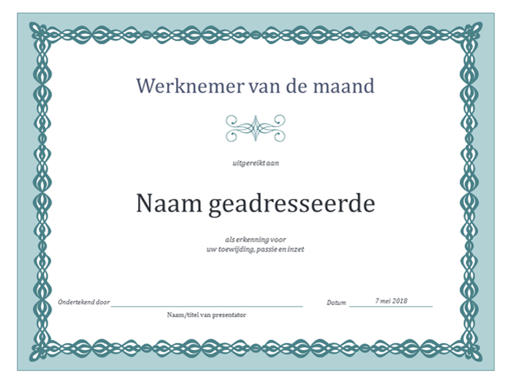 Certificaat voor werknemer van de maand (blauwe ketting)