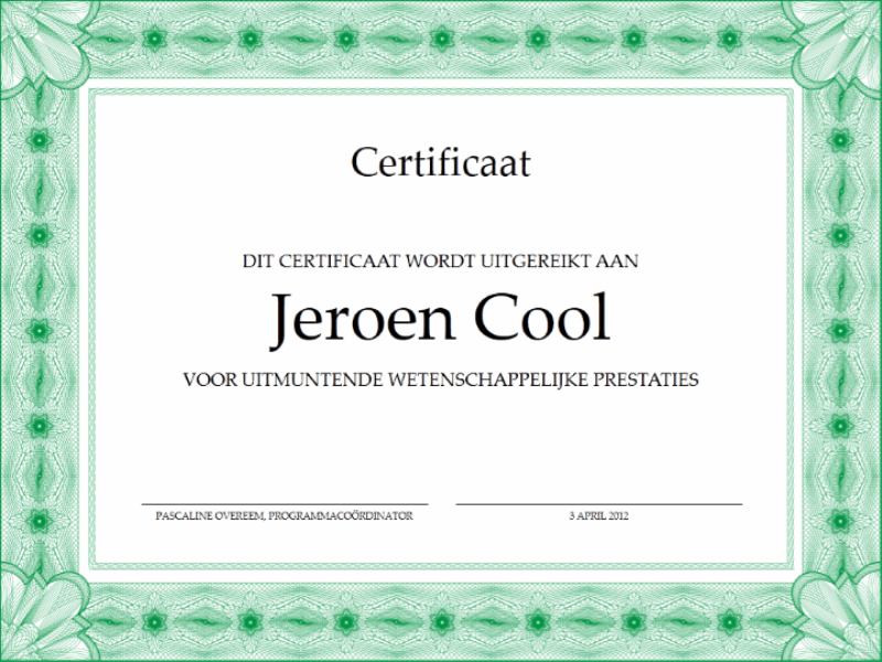 Certificaat voor uitzonderlijke prestaties (met formele groene rand)