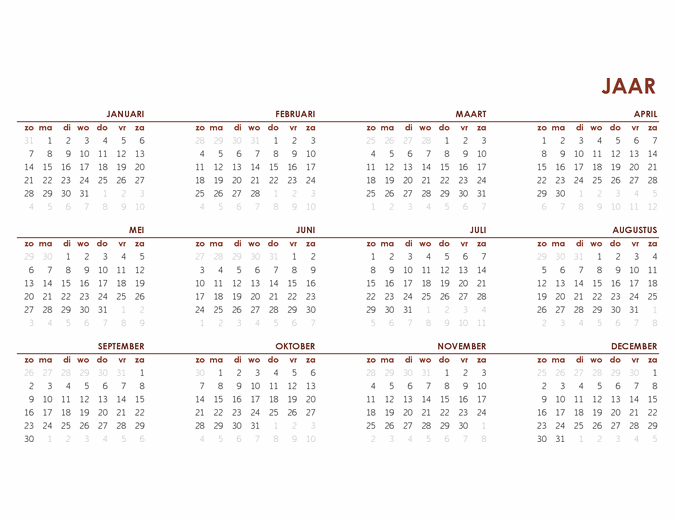 Kalender voor jaar