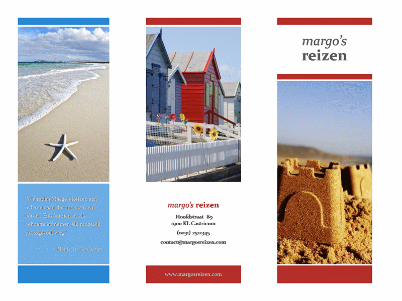 In drieën gevouwen reisbrochure (rood, goudkleurig en blauw ontwerp)