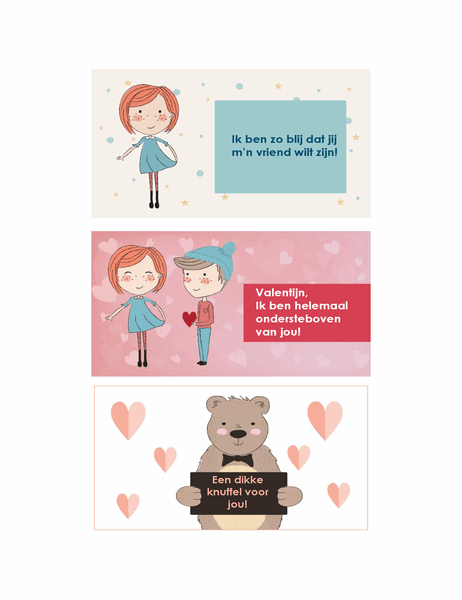 Valentijnskaarten voor kinderen (12 ontwerpen, 3 per pagina)