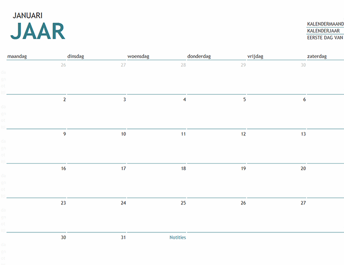 Een kalender van een maand in een willekeurig jaar met notities