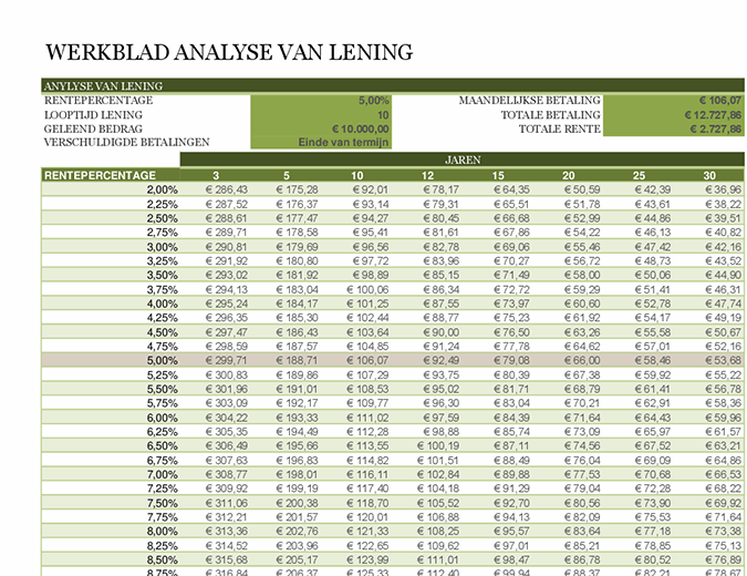 Werkblad analyse van lening