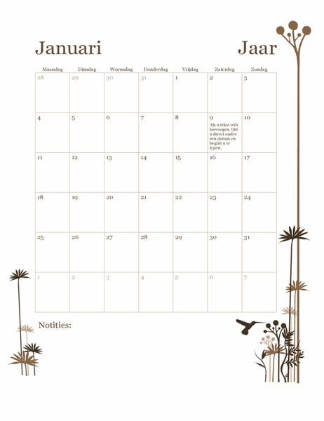 Kalender van 12 maanden (ma-zo) met kolibrie