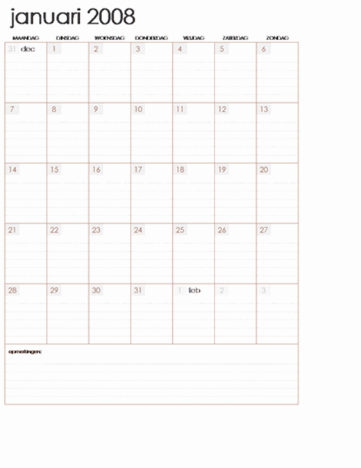 Kalender 2008 op meerdere werkbladen (12 pagina's, ma-zo)