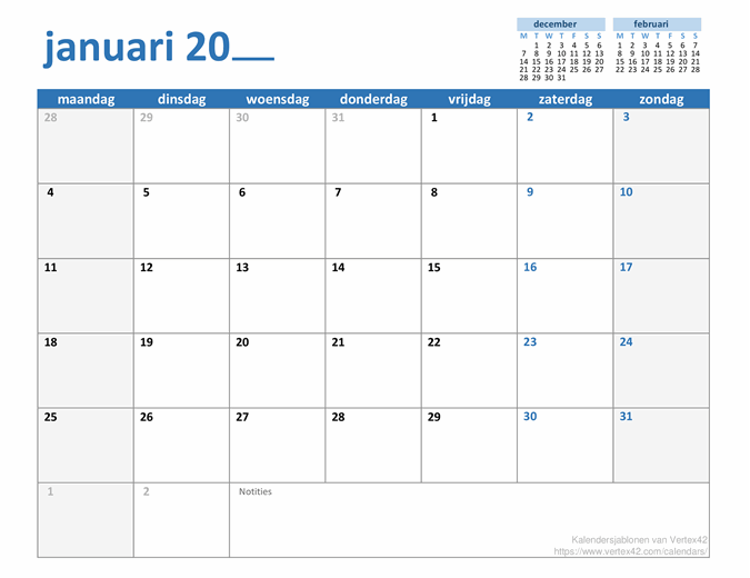 Maandelijkse kalender voor elk jaar