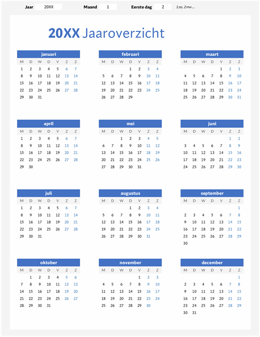 Overzichtelijke doorlopende jaarkalender (staand)
