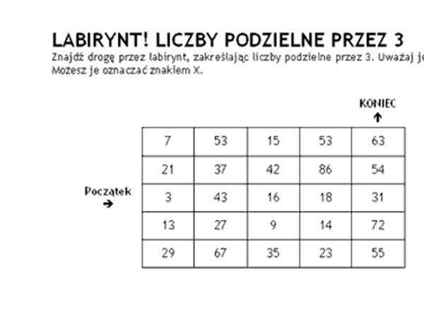Labirynt liczbowy — poziom pierwszy. Liczby podzielne przez 3
