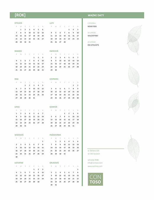Mały kalendarz biznesowy (dowolny rok, pon.–niedz.)