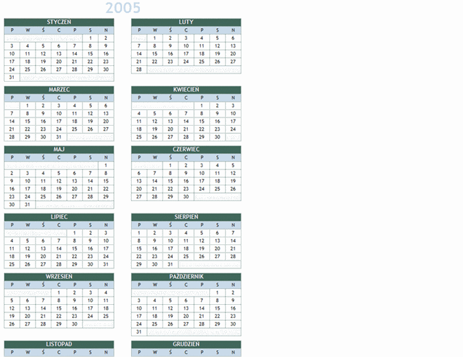 Kalendarz na lata 2005–2014 (pon.–niedz.)