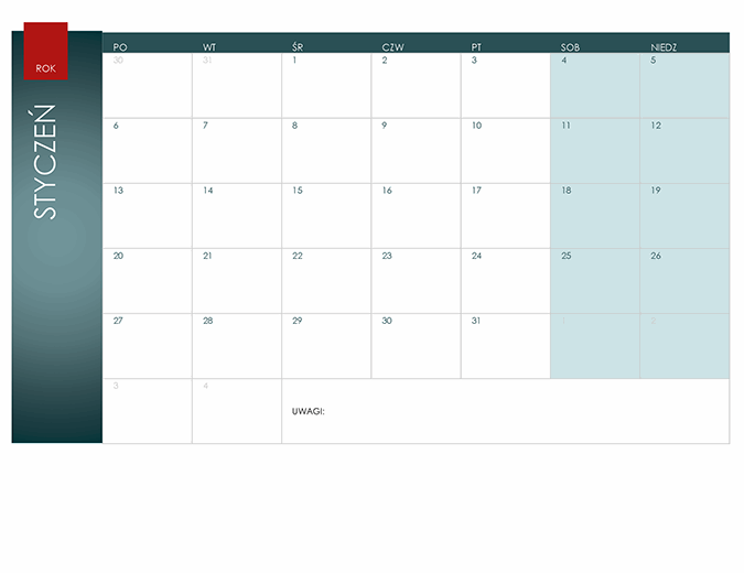 Kalendarz na dowolny rok (motyw Jon)