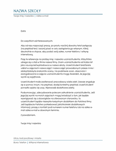 List polecający od nauczyciela