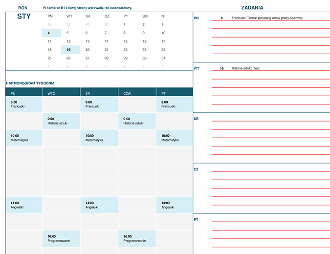 Kalendarz dla uczniów i studentów (miesięczny)