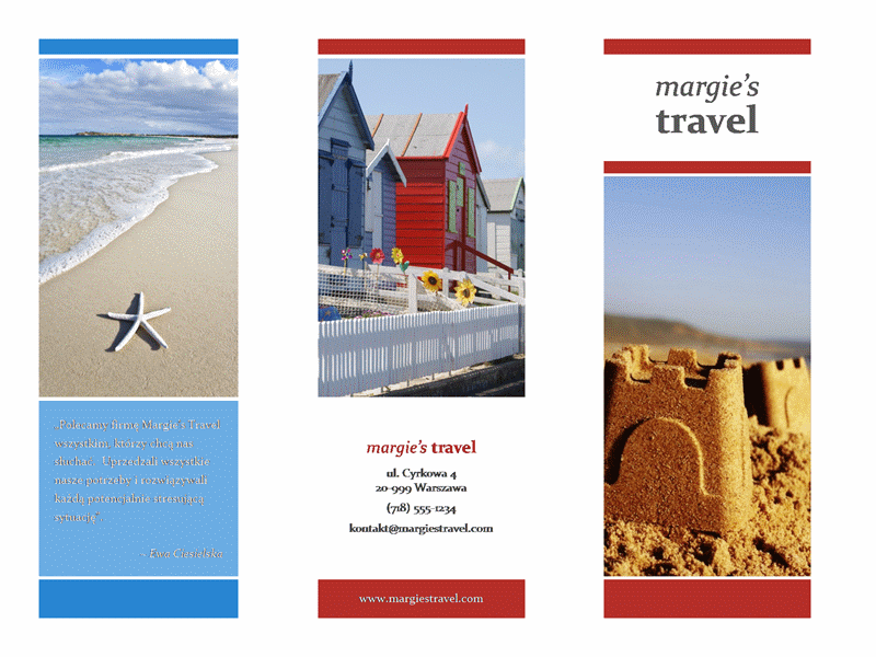 Trzyszpaltowa broszura biura podróży (projekt w kolorach czerwonym, złotym i niebieskim)