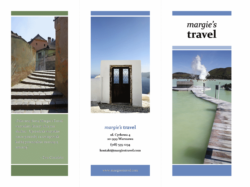 Trzyszpaltowa broszura biura podróży (motyw w kolorach niebieskim i zielonym)