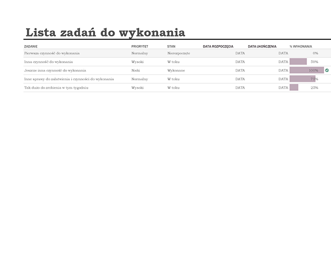 Lista zadań do wykonania z monitorowaniem postępu Lista zadań do wykonania z monitorowaniem postępu