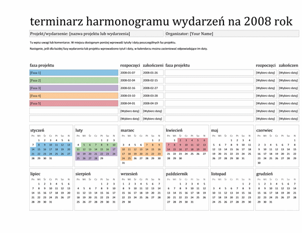 Terminarz harmonogramu wydarzeń na 2008 rok (od poniedziałku do niedzieli)