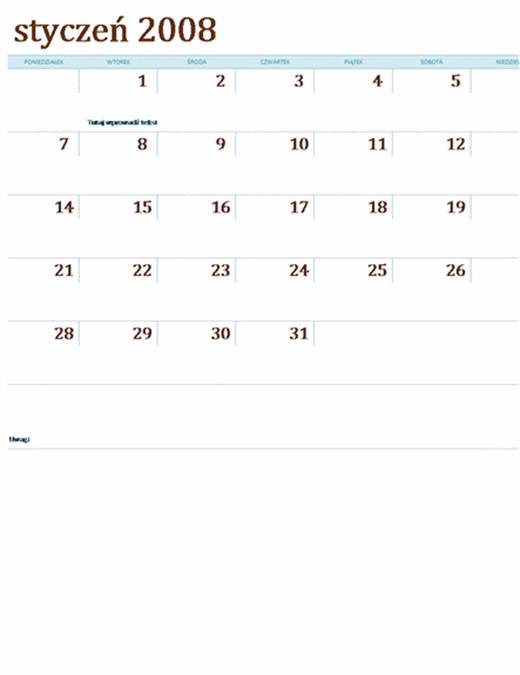 Kalendarz na rok 2008 na wielu arkuszach (pon.–niedz., 12 stron)
