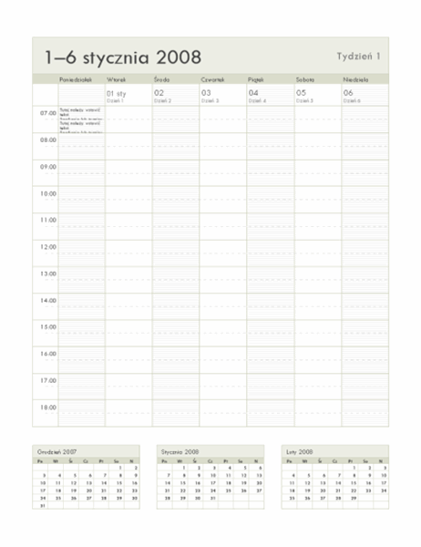 Kalendarz tygodniowy na 2008 rok (53 strony, od poniedziałku do niedzieli)