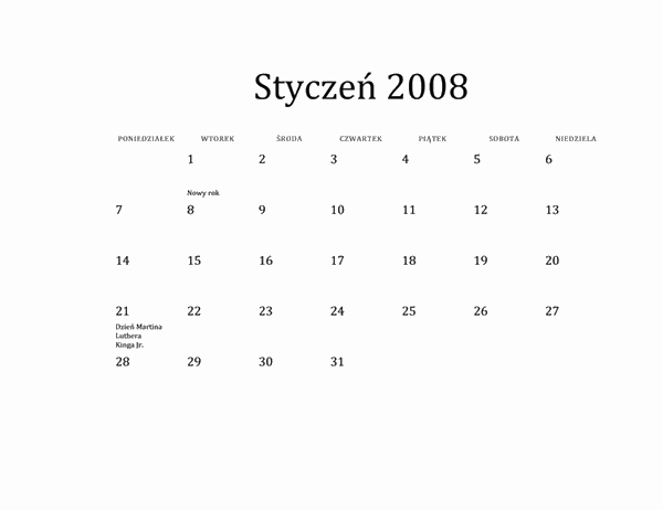Kalendarz na 2008 rok (projekt podstawowy, od poniedziałku do niedzieli)