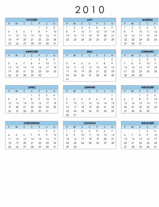 Kalendarz na rok 2010 (1 strona, poziomy, pon.–niedz.)