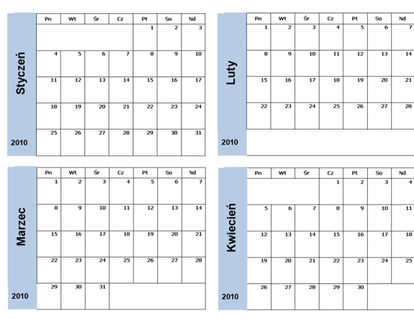 Kalendarz na rok 2010 z niebieskim obramowaniem (3 strony)