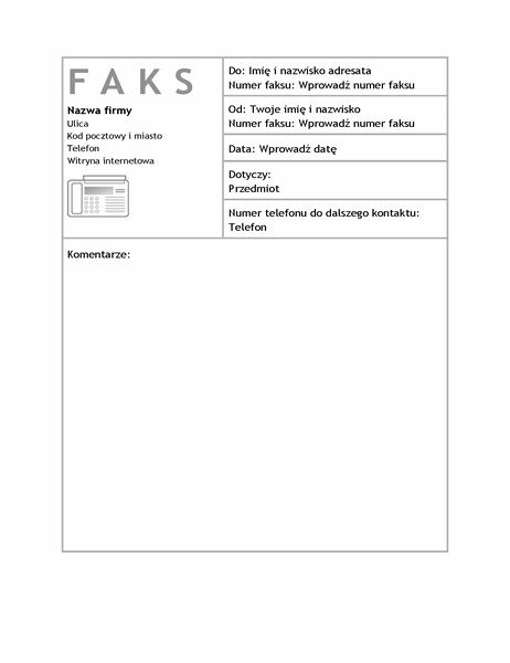 Arkusz strony tytułowej faksu służbowego