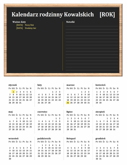 Kalendarz rodzinny (dowolny rok, pon.–niedz.)