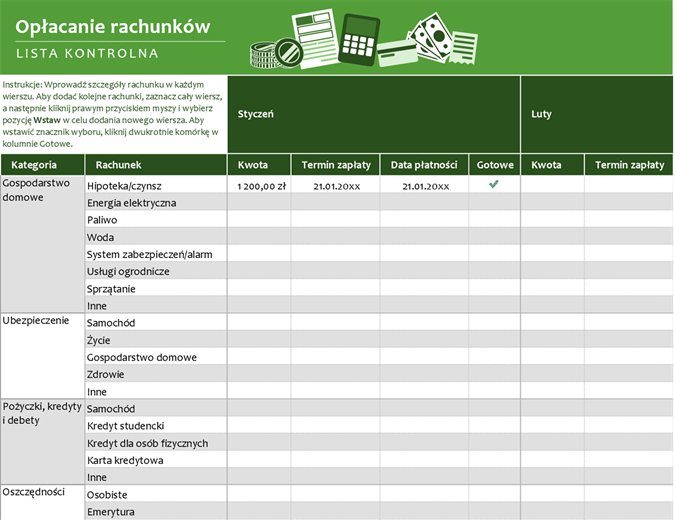 Lista kontrolna opłat Lista kontrolna opłat