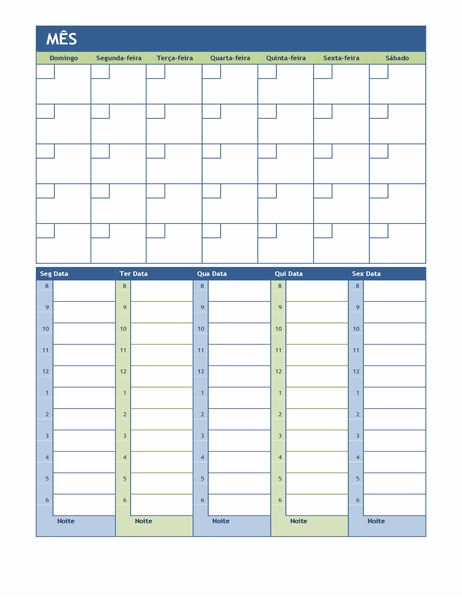 Calendário de planejamento mensal e semanal
