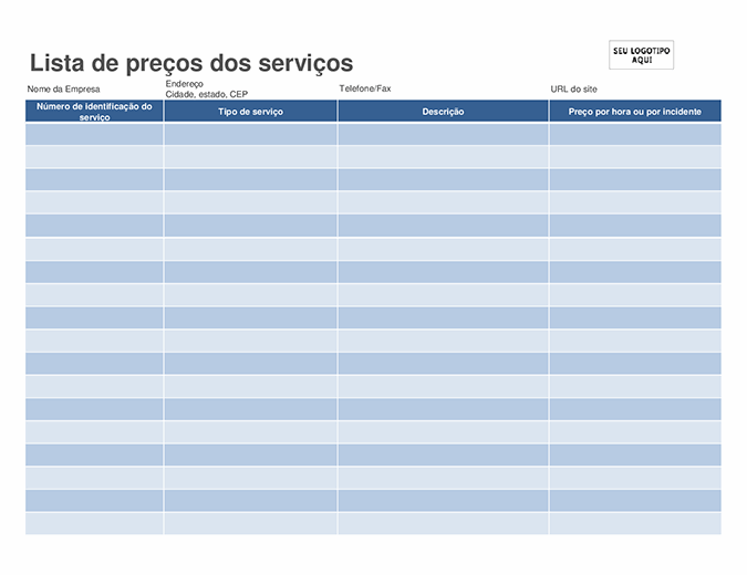Lista de preços dos serviços
