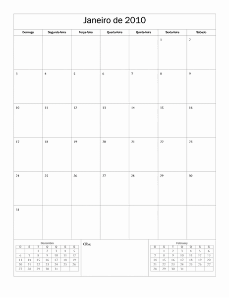 Calendário de 2010 (design básico, segunda a domingo)