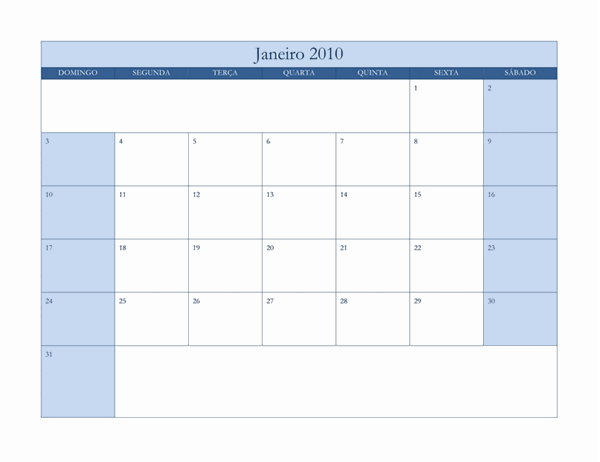 Calendário de 2010 (design Clássico Azul, Seg-Dom)