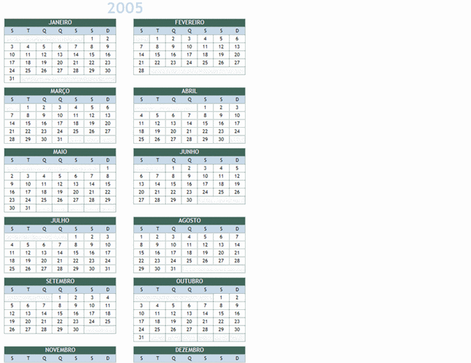 Calendário anual de 2005-2014 (Seg-Dom)