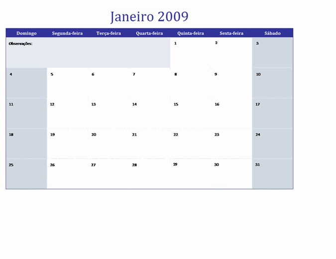 Calendário de 2009 em várias planilhas