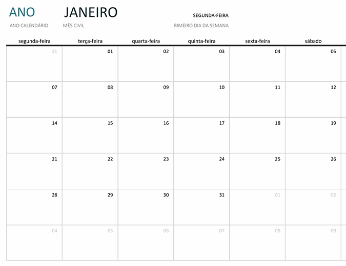 Calendário mensal de qualquer ano