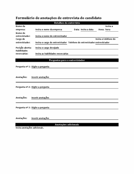Formulário de anotações de entrevista do candidato