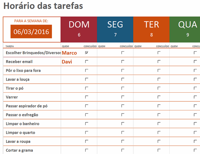 Horário das tarefas semanais