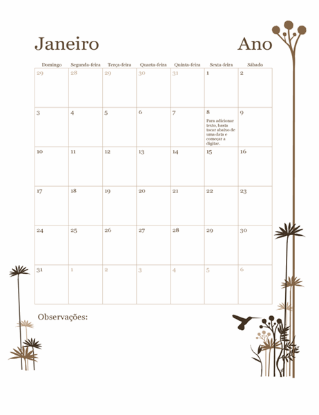 Calendário Beija-flor de 12 meses (dom–sáb)