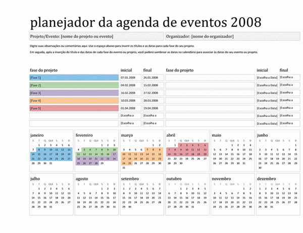 Planejador da agenda de eventos de 2008 (Seg-Dom)