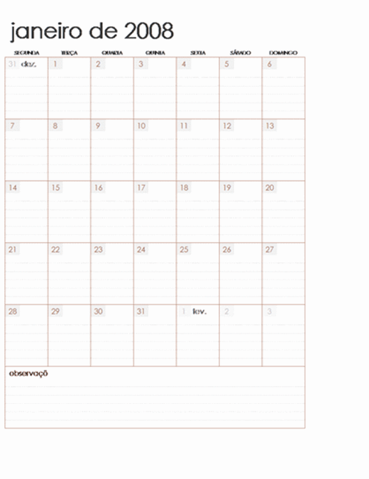 Calendário 2008 em várias planilhas (12 pp., Seg-Dom)