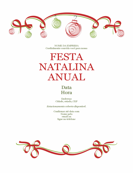 Panfleto para festa de Natal com ornamentos e fita decorativa vermelha (design formal) Panfleto para festa de Natal com ornamentos e fita decorativa vermelha (design formal)