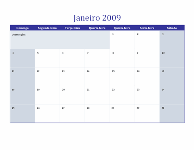 Calendário de 2009 em várias planilhas
