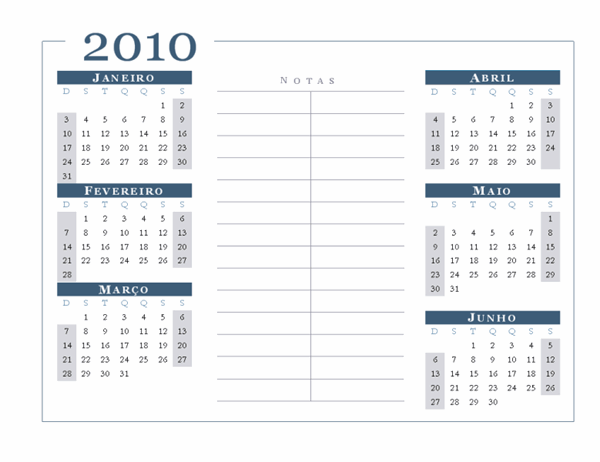 Calendário de 2010 (6 meses/página, Seg-Dom)