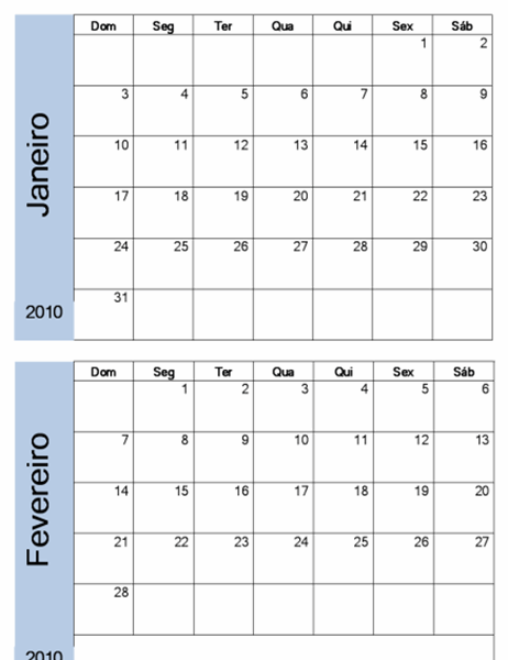 Calendário de 2010 com borda azul (6 páginas, segunda a domingo)